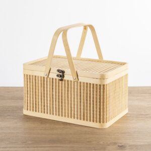 Woven Bamboo Picnic Hamper Box with Dual Handles