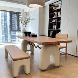 Modern Minimalist Long Wooden Dining Table and Bench Set